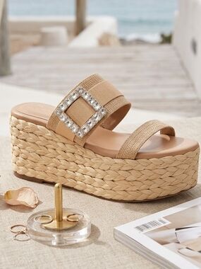 Deltan Collins Raffia Embellished Buckle Ornament Platform Slide Sandals Size